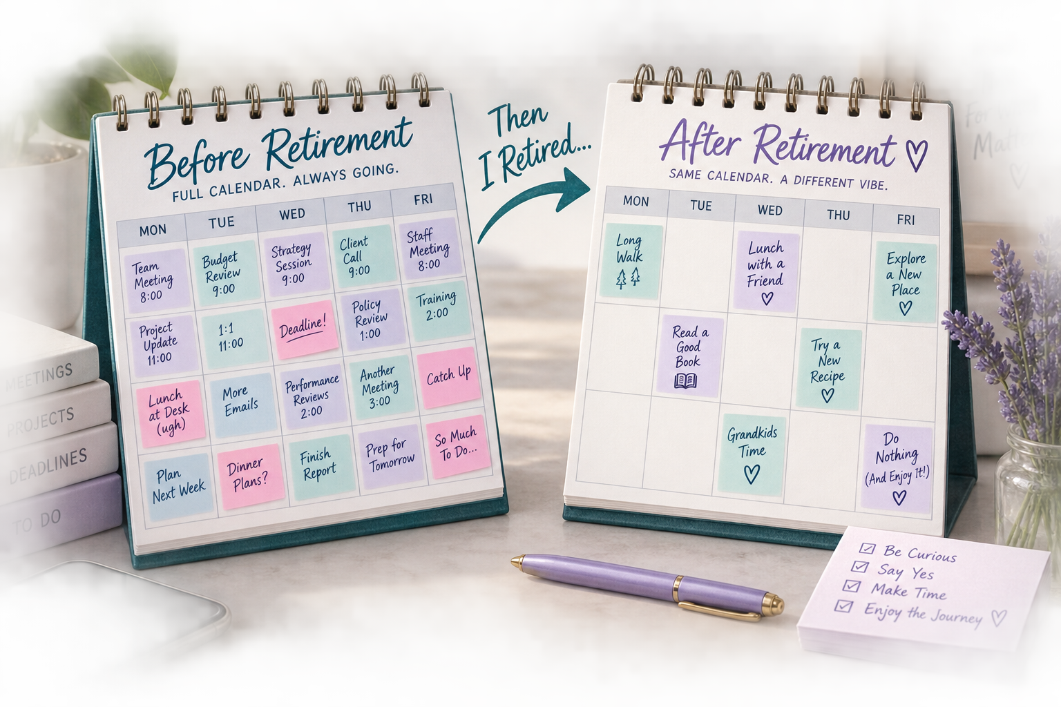 Illustration comparing a busy work calendar with a more intentional retirement calendar