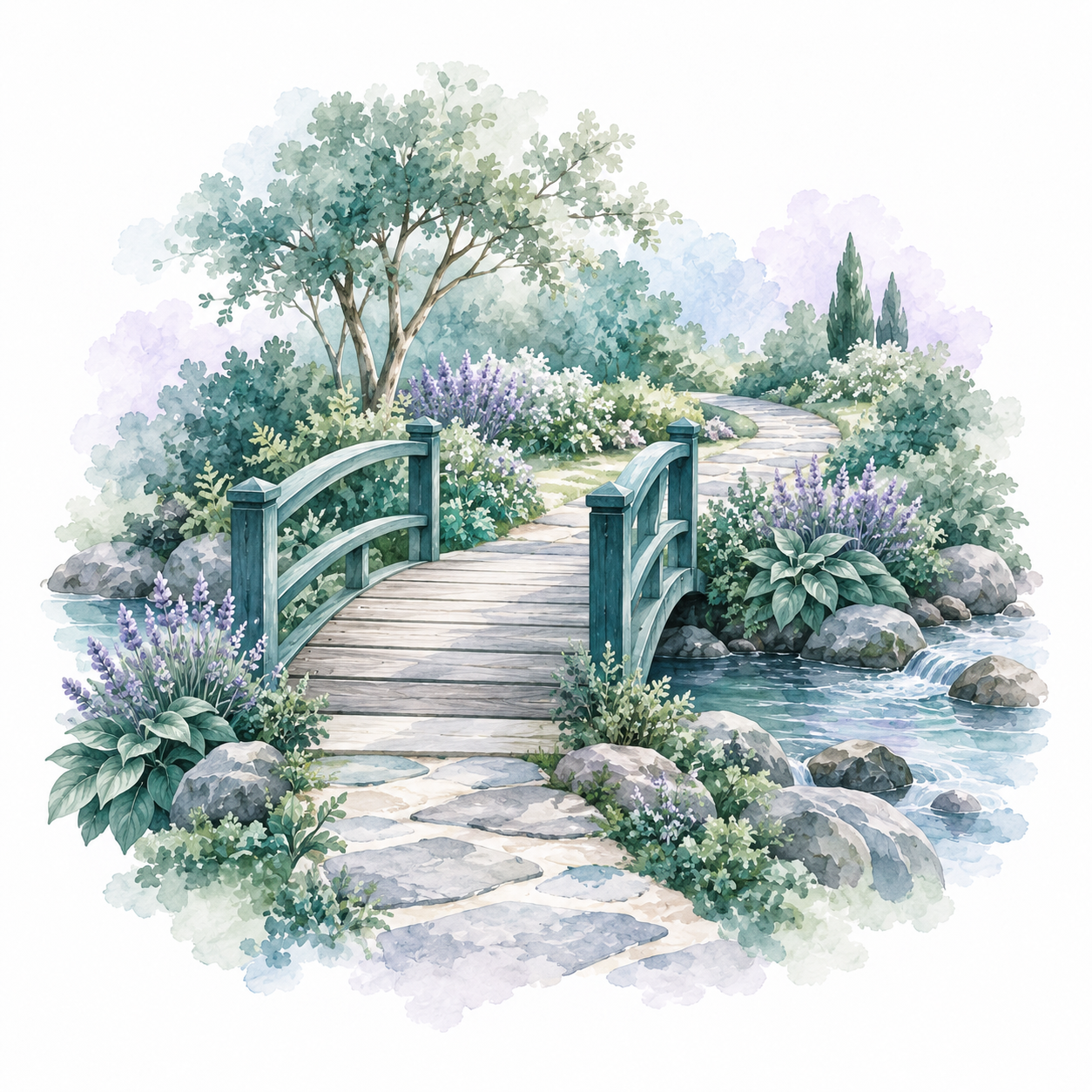 A watercolor footbridge over a gentle stream with a path continuing beyond it, representing the transition from working life into retirement