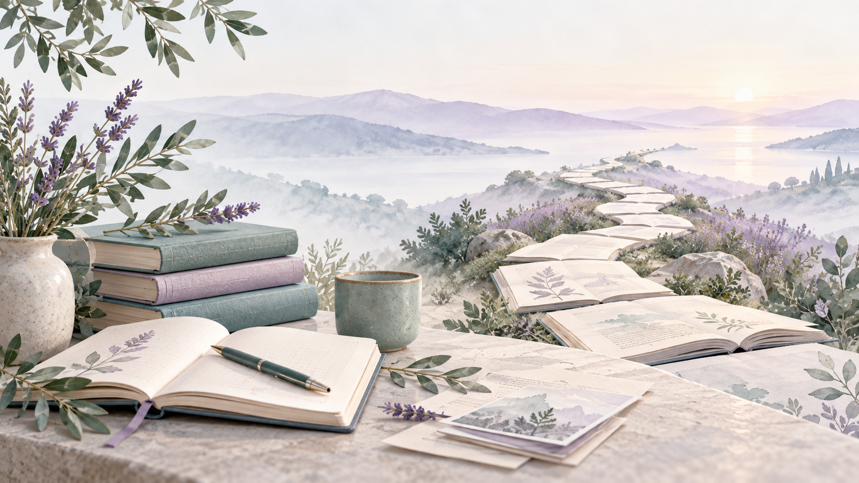 Books and journal pages forming a pathway through a peaceful landscape