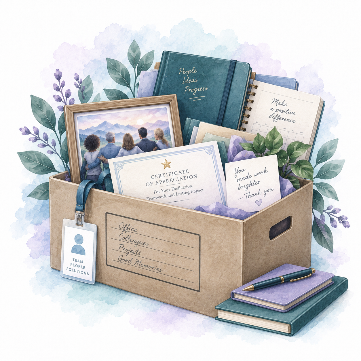 A bankers box filled with meaningful work items including a team photo, work identification badge, planner, certificate, handwritten note and folder
